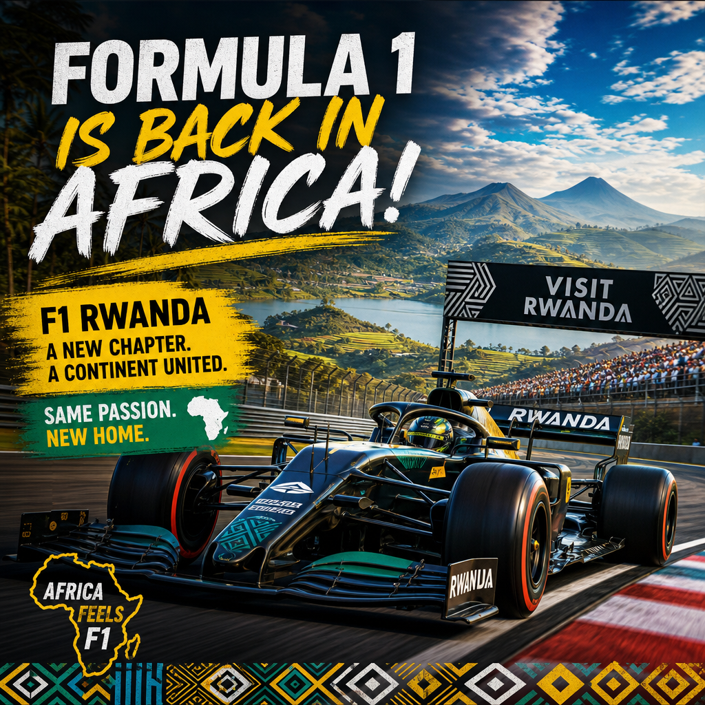 A Formula 1 race car speeds along a circuit beneath the headline “Formula 1 is back in Africa,” with Rwanda named below.